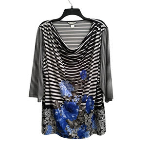 CJ Banks Floral Fairycore Tunic Blouse Womens 1X Cowl Neck Asymmetrical Stripes